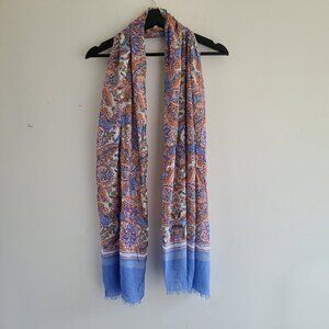 Talbot Floral Scarf Blue Peach 25" x 70" Spring Summer Fringe Lightweight